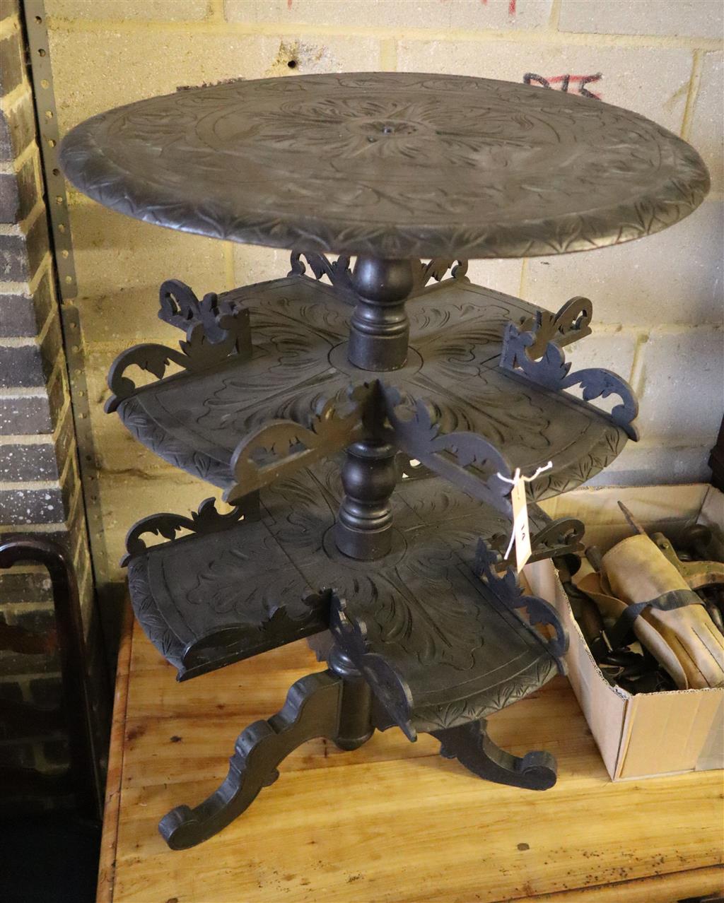 A Victorian circular dumb waiter with shaped galleried undertier on tripod base, diameter 58cm height 82cm